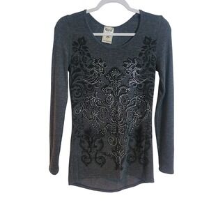 Vocal Womens Gray Long Sleeve Rhinestone Embellished Top Western Size Small READ